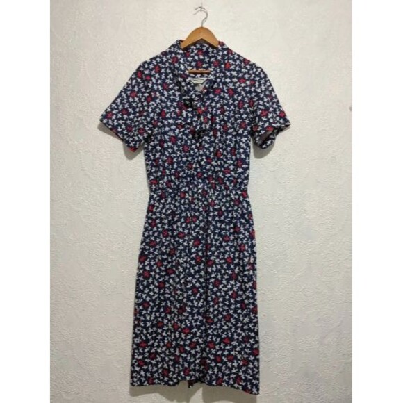 Secretary Blue White Patterned Tie Neck Dress S M Vintage 80s B39 Shirtdress - Picture 3 of 5